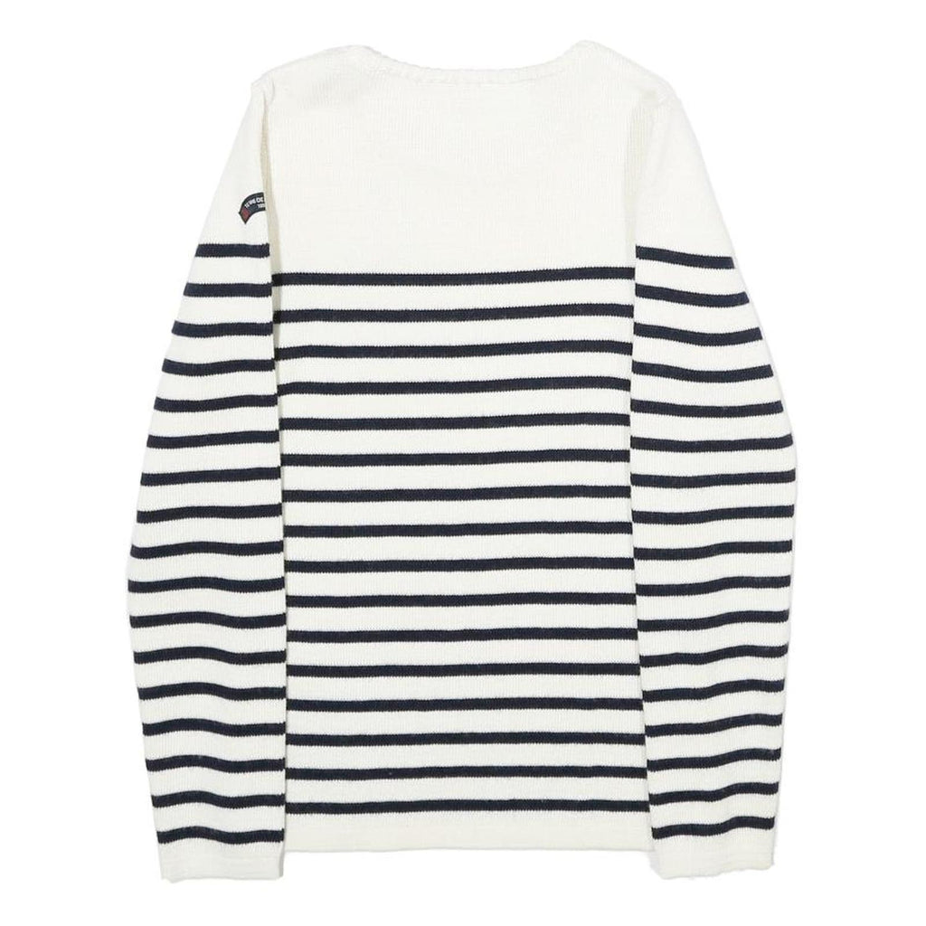 TERRE DE MARINS Womens White & Navy Striped Patterned Crew Neck Basic Knit