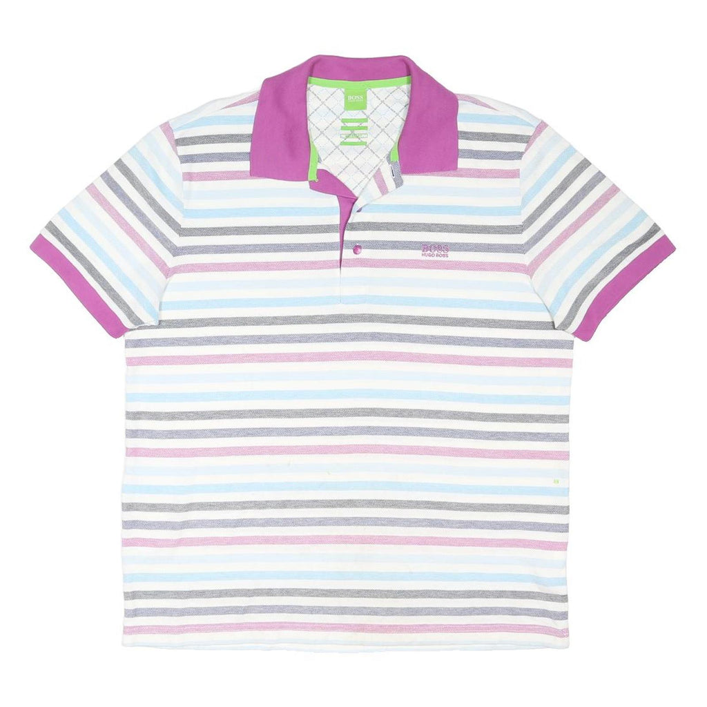 HUGO BOSS Mens Purple & White Striped Short Sleeve Polo Shirt XL Cotton Blend