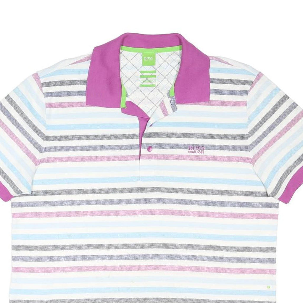 HUGO BOSS Mens Purple & White Striped Short Sleeve Polo Shirt XL Cotton Blend
