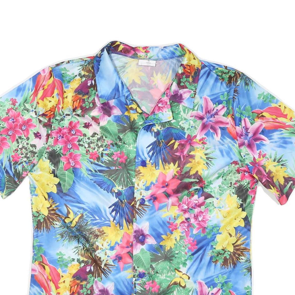 Mens Blue Floral Hawaiian Shirt L Tropical Pattern Bright Vacation Beachwear
