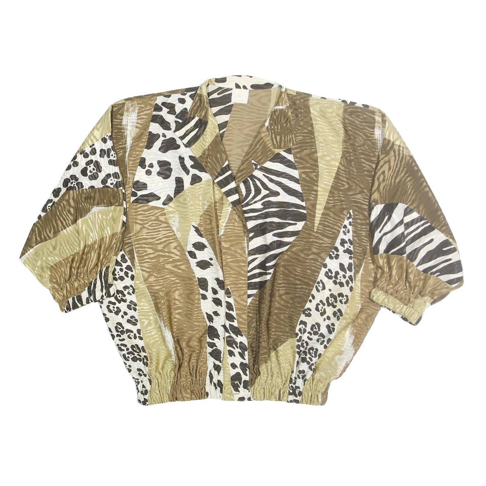 LADY K Womens Brown Animal Print Blouse Three Quarter Sleeve Collared M Relaxed