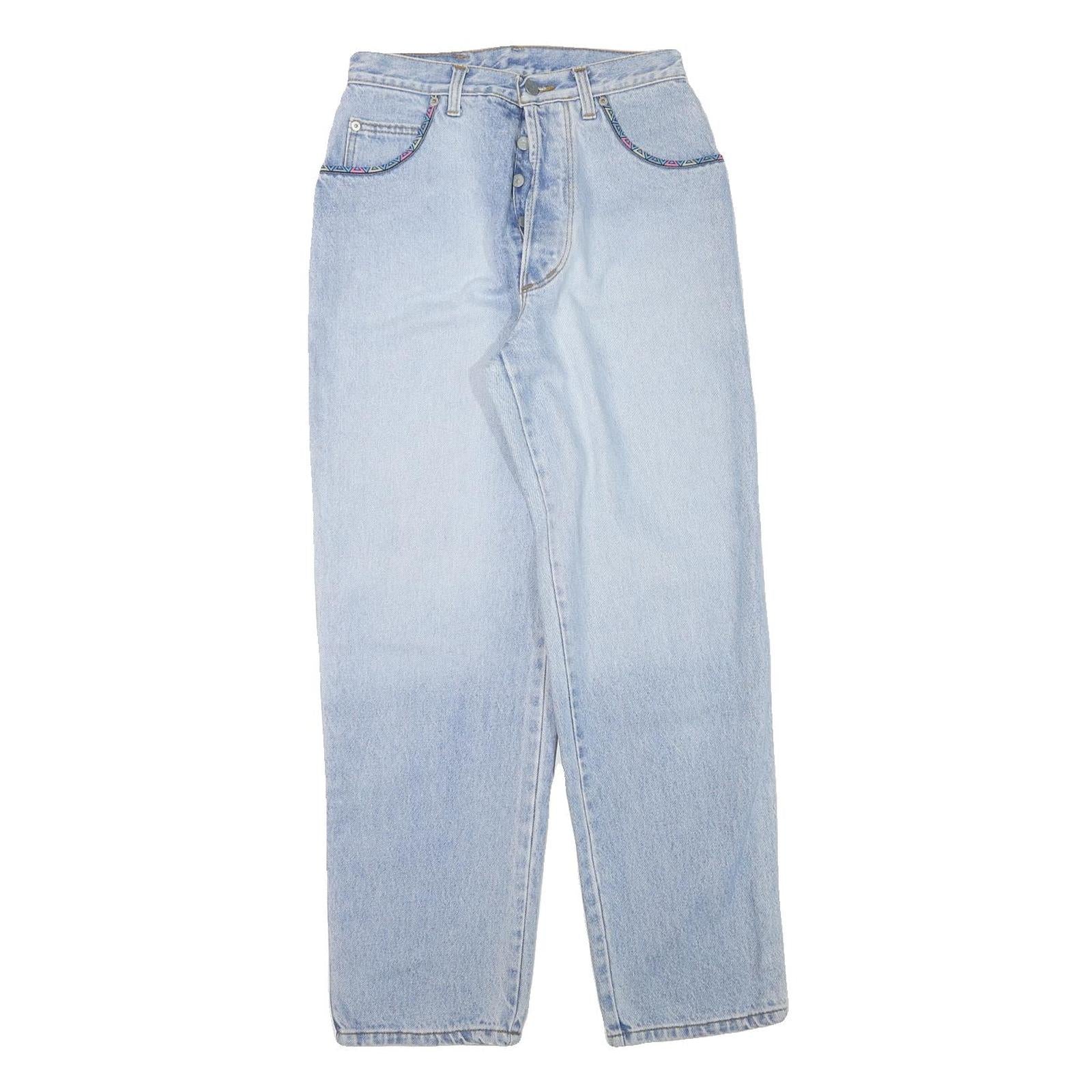 WALLEES Womens Relaxed Jeans Denim Light W26 L29 Aztec Trim Button Closure