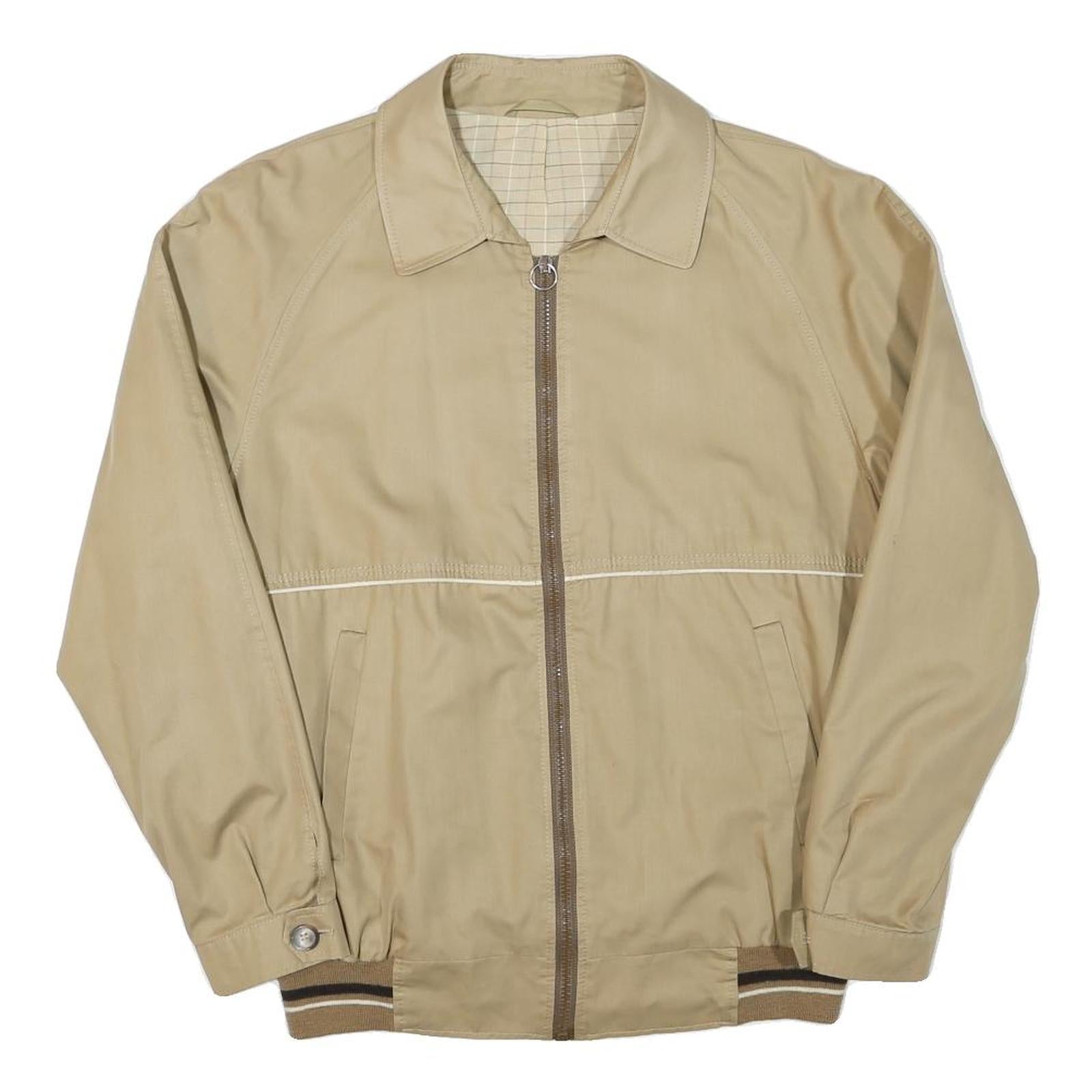 Mens Beige Cotton Blend Zip Jacket S Classic Casual Lightweight Plain