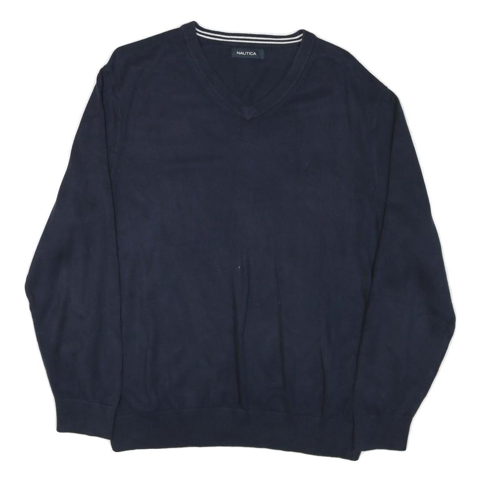 NAUTICA Mens Navy Plain V Neck Cotton Blend Jumper XL Classic Knitwear