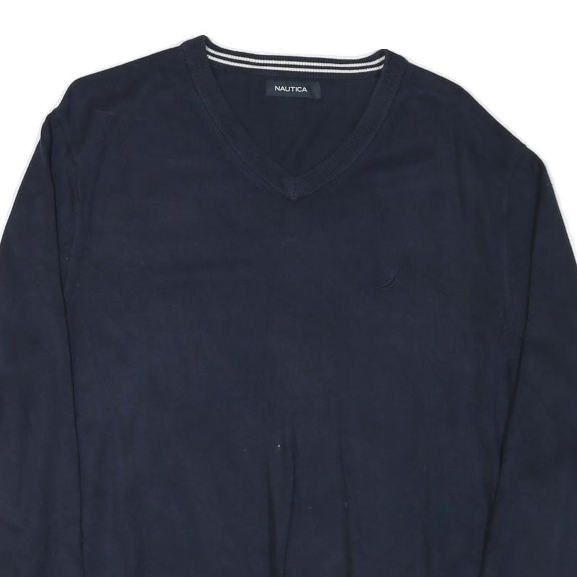 NAUTICA Mens Navy Plain V Neck Cotton Blend Jumper XL Classic Knitwear