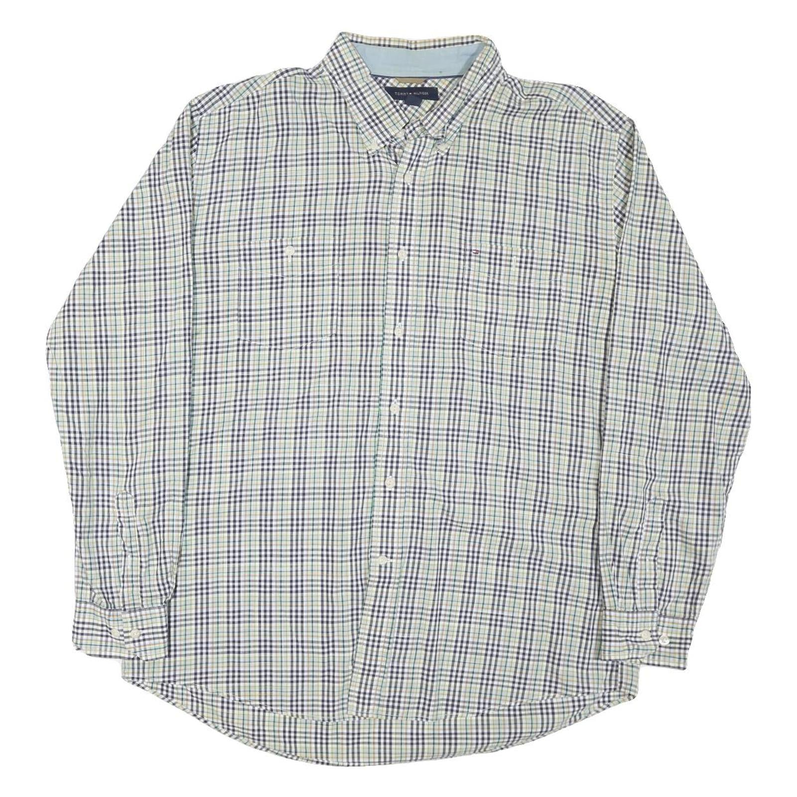 TOMMY HILFIGER Mens White & Blue Check Shirt XL Casual Cotton Blend Long Sleeve
