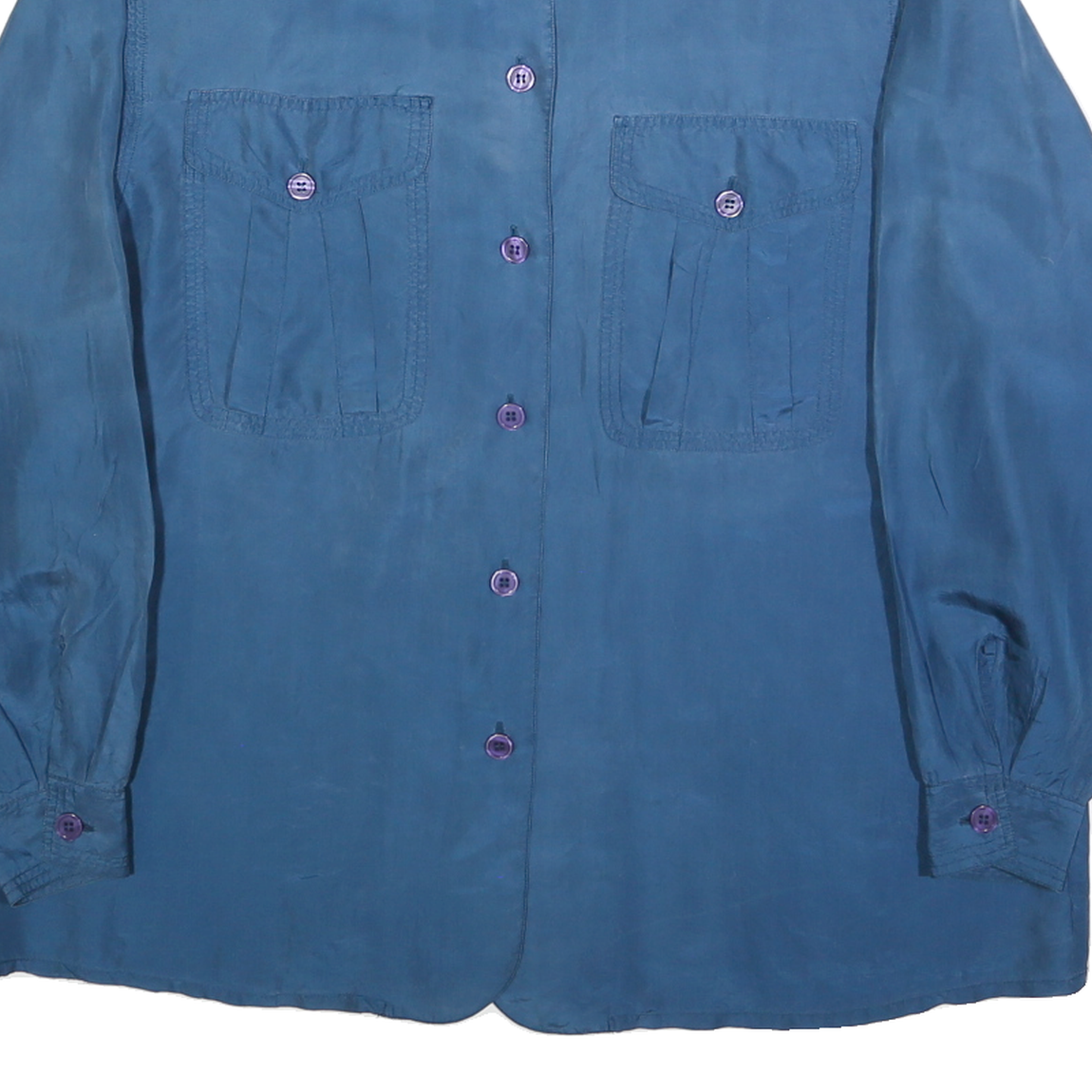 Womens Blue Plain Shirt L Button Pockets Casual Relaxed Fit