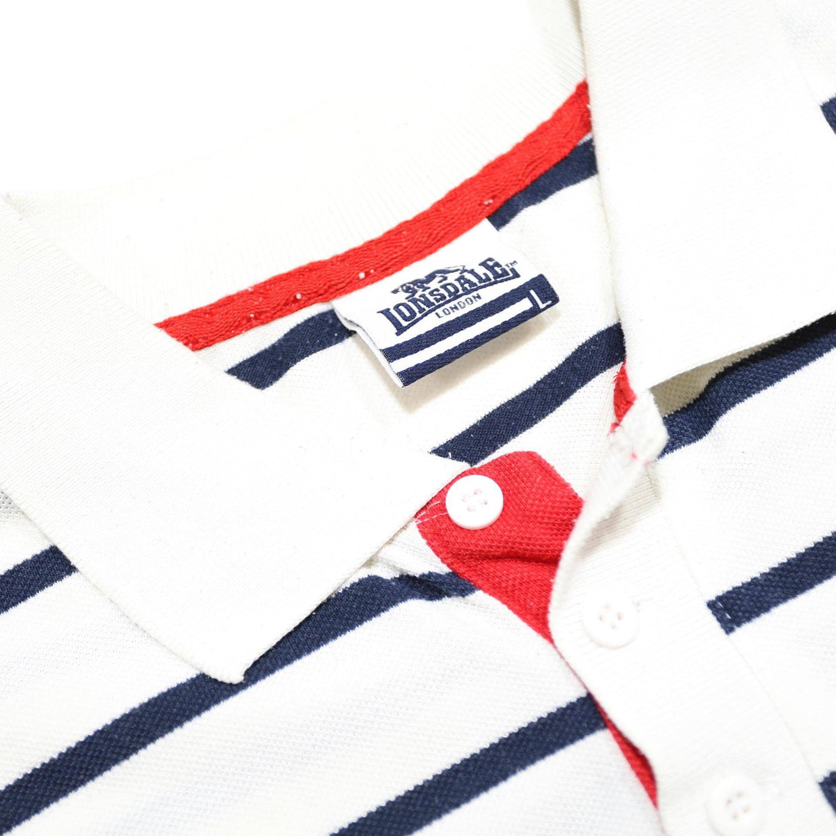 LONSDALE Mens White & Navy Stripe Short Sleeve Polo Shirt L Casual Summer