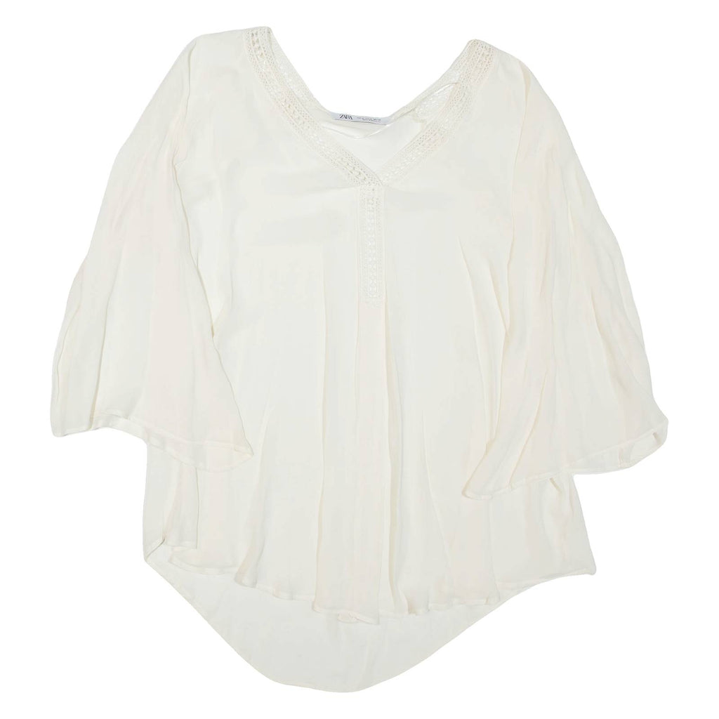 ZARA Sheer Womens Blouse Beige V-Neck 3/4 Sleeve M
