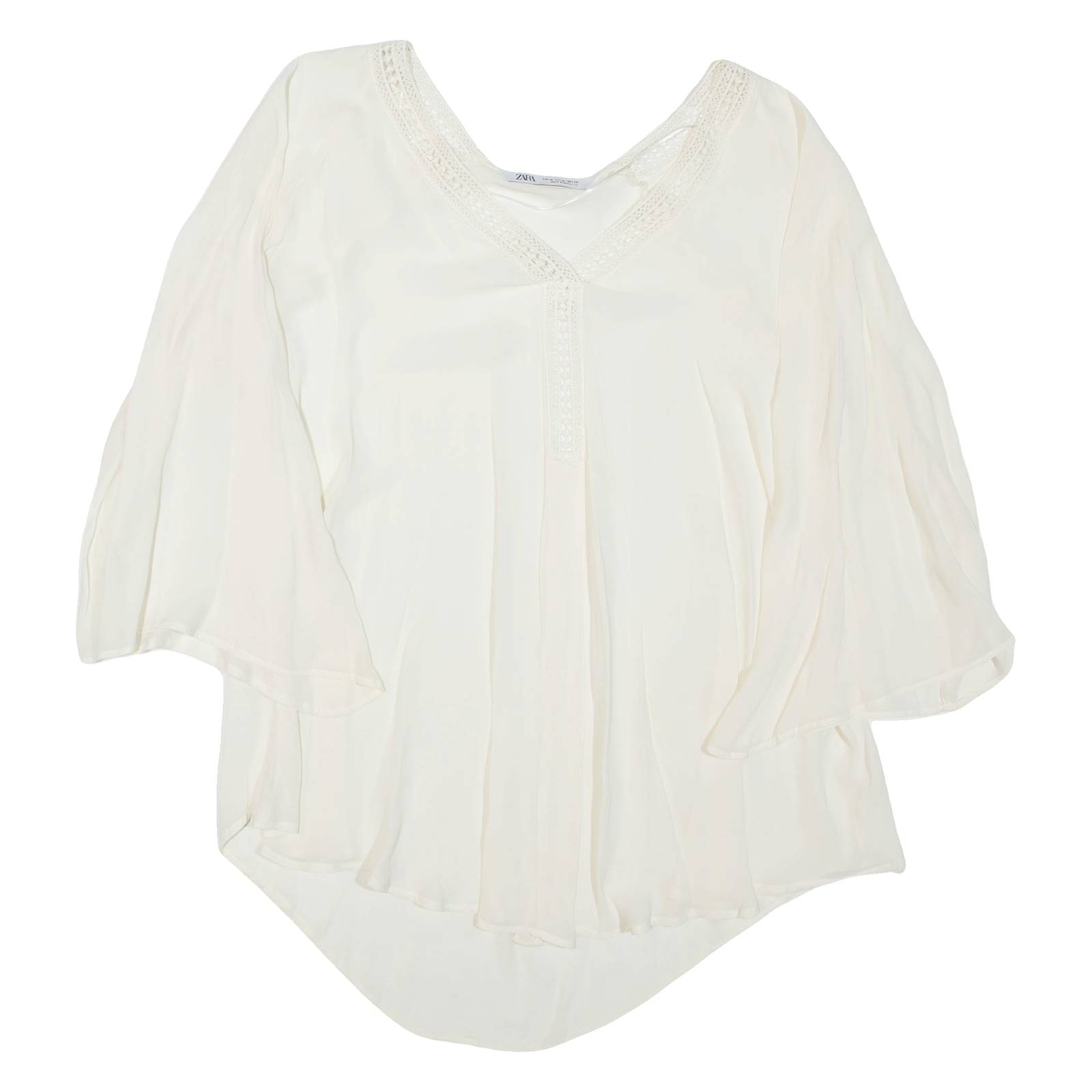 ZARA Sheer Womens Blouse Beige V-Neck 3/4 Sleeve M
