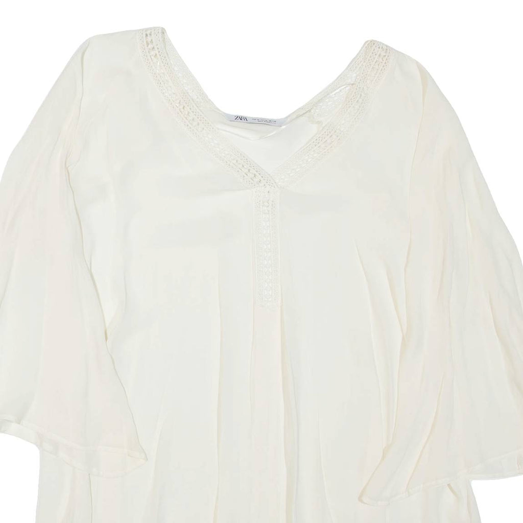 ZARA Sheer Womens Blouse Beige V-Neck 3/4 Sleeve M