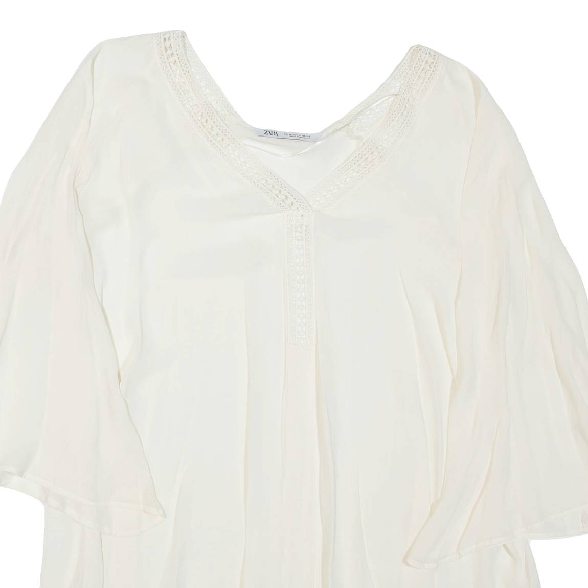 ZARA Sheer Womens Blouse Beige V-Neck 3/4 Sleeve M