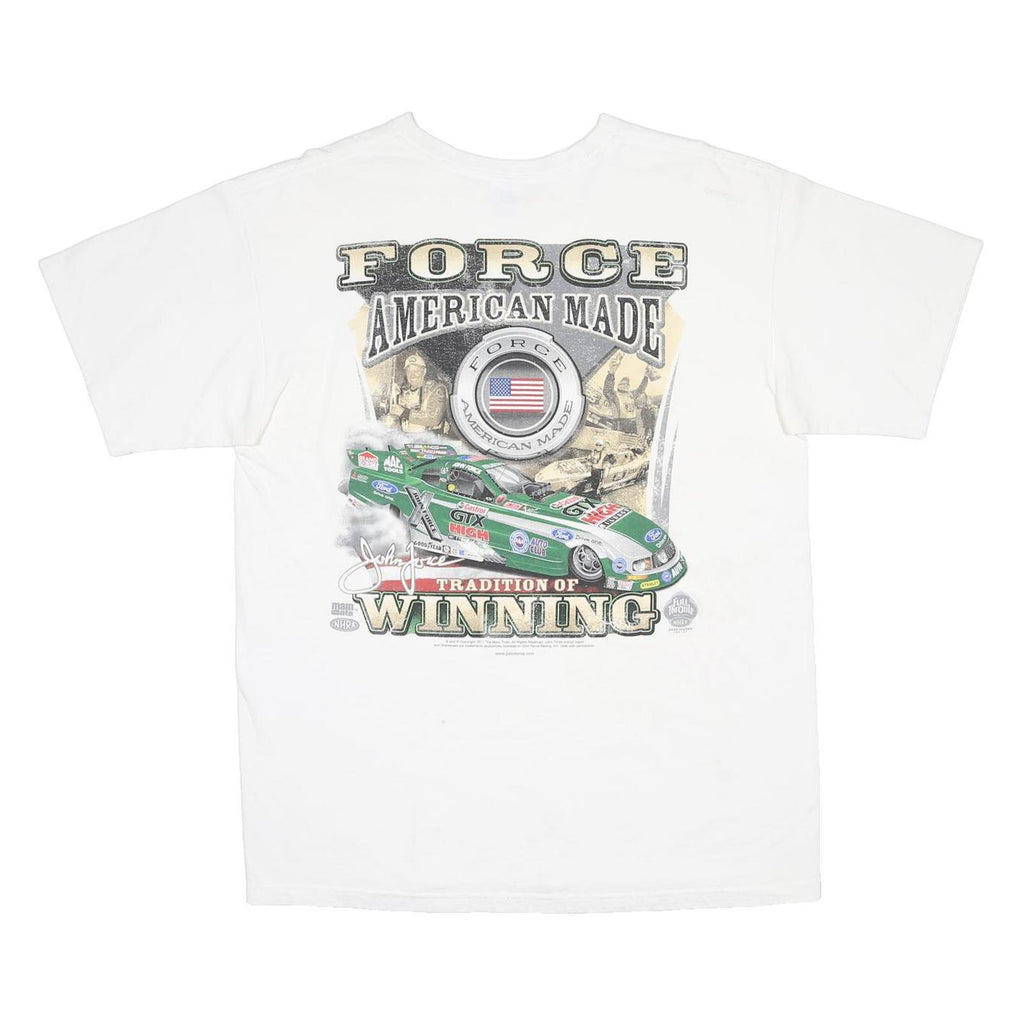 ANVIL Mens White Racing Graphic T-Shirt L Short Sleeve Crew Neck Vintage Style