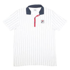 FILA Mens White & Navy Striped Polo Shirt L Cotton Classic Sport