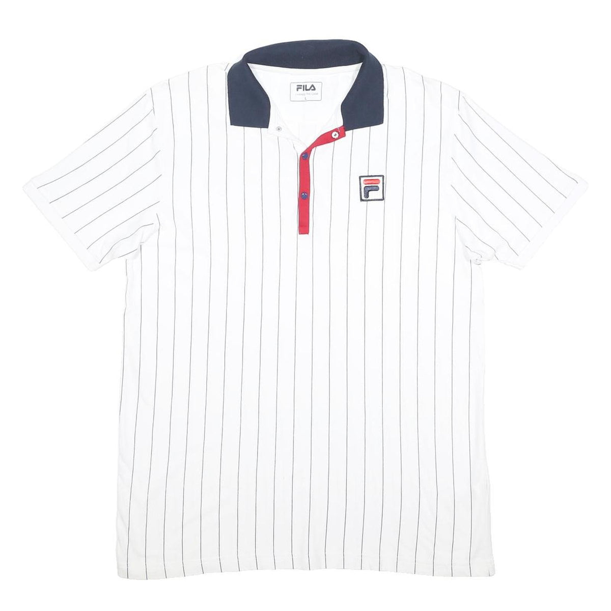FILA Mens White & Navy Striped Polo Shirt L Cotton Classic Sport