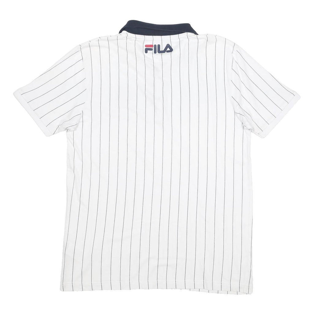 FILA Mens White & Navy Striped Polo Shirt L Cotton Classic Sport