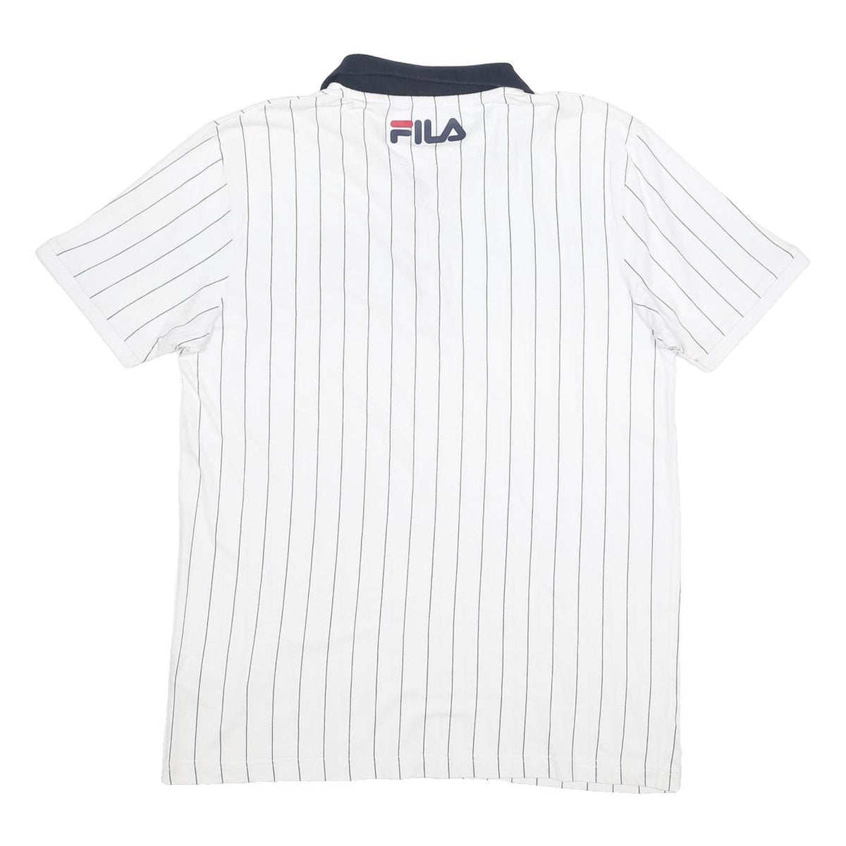 FILA Mens White & Navy Striped Polo Shirt L Cotton Classic Sport