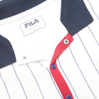 FILA Mens White & Navy Striped Polo Shirt L Cotton Classic Sport