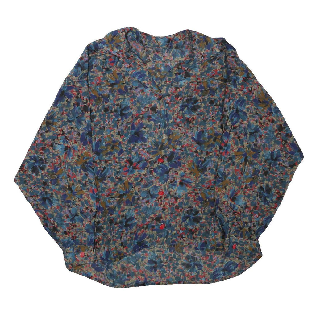 Womens Blue Brown Printed Button Shirt Long Sleeve Collared L Polyester Blend