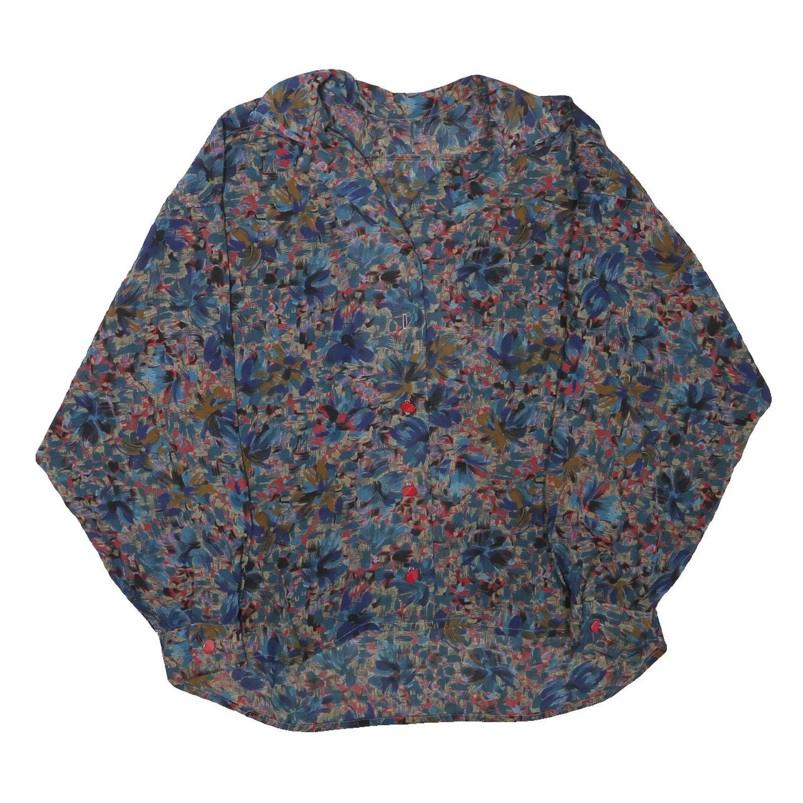 Womens Blue Brown Printed Button Shirt Long Sleeve Collared L Polyester Blend