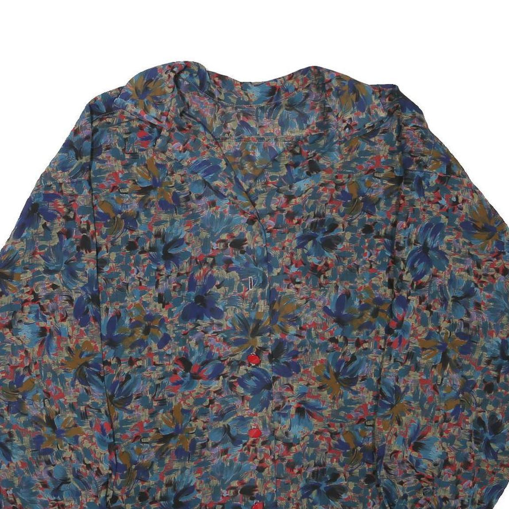 Womens Blue Brown Printed Button Shirt Long Sleeve Collared L Polyester Blend