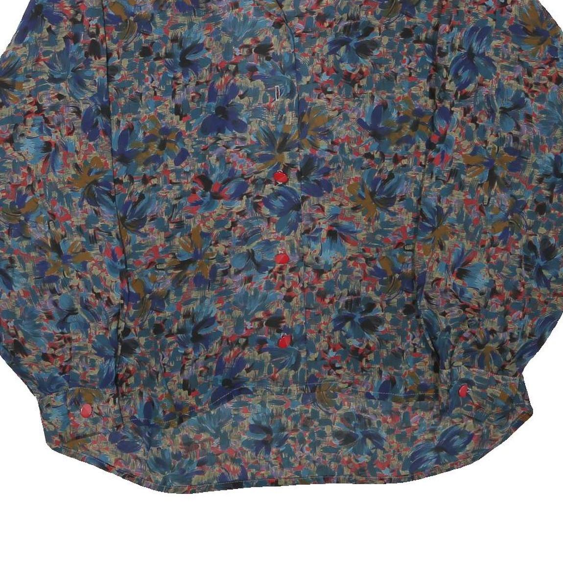 Womens Blue Brown Printed Button Shirt Long Sleeve Collared L Polyester Blend