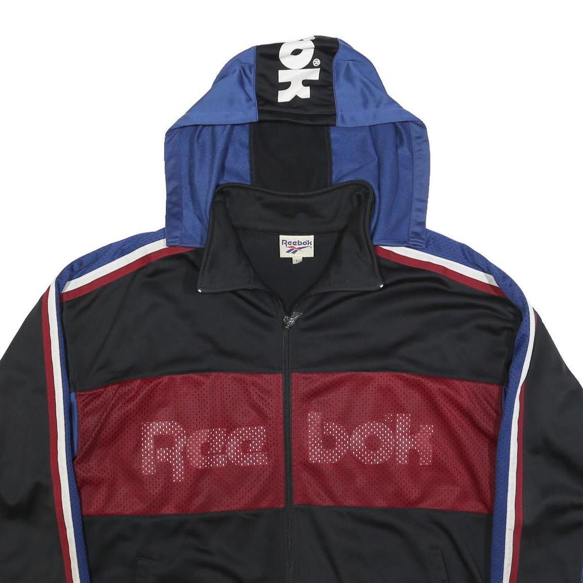 REEBOK Mens Black & Blue Track Jacket L Polyester Blend Sports Style Zip Hooded
