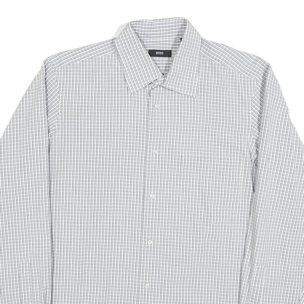HUGO BOSS Mens White & Black Checked Shirt M Cotton Blend Classic Formal