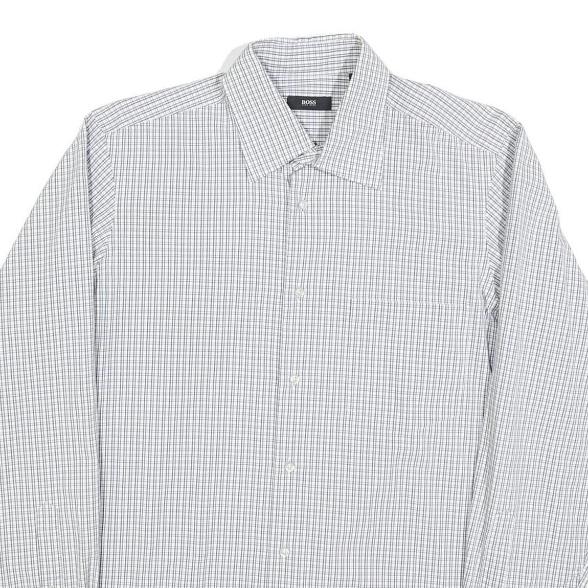 HUGO BOSS Mens White & Black Checked Shirt M Cotton Blend Classic Formal