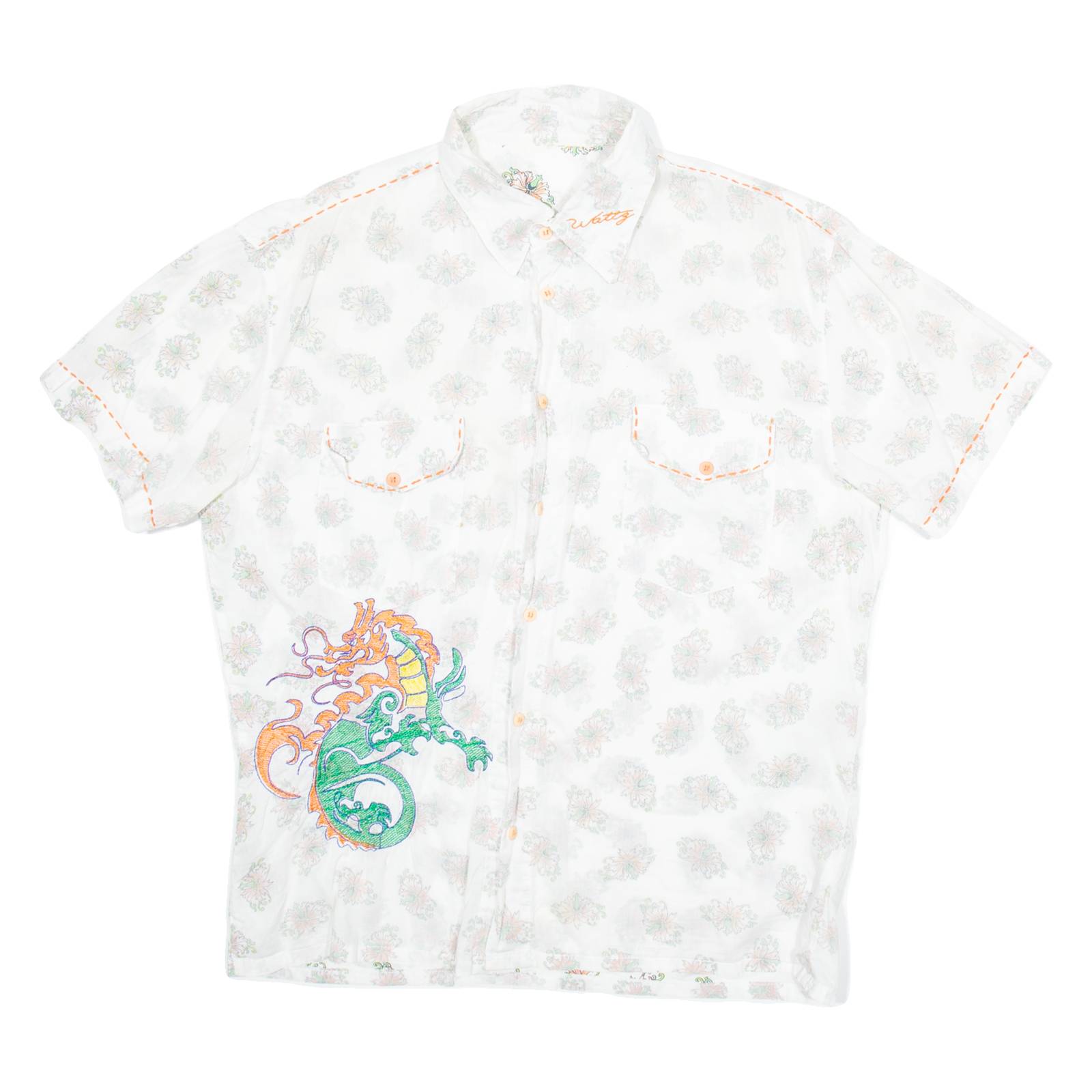 WATTG Mens Hawaiian Shirt White Floral M