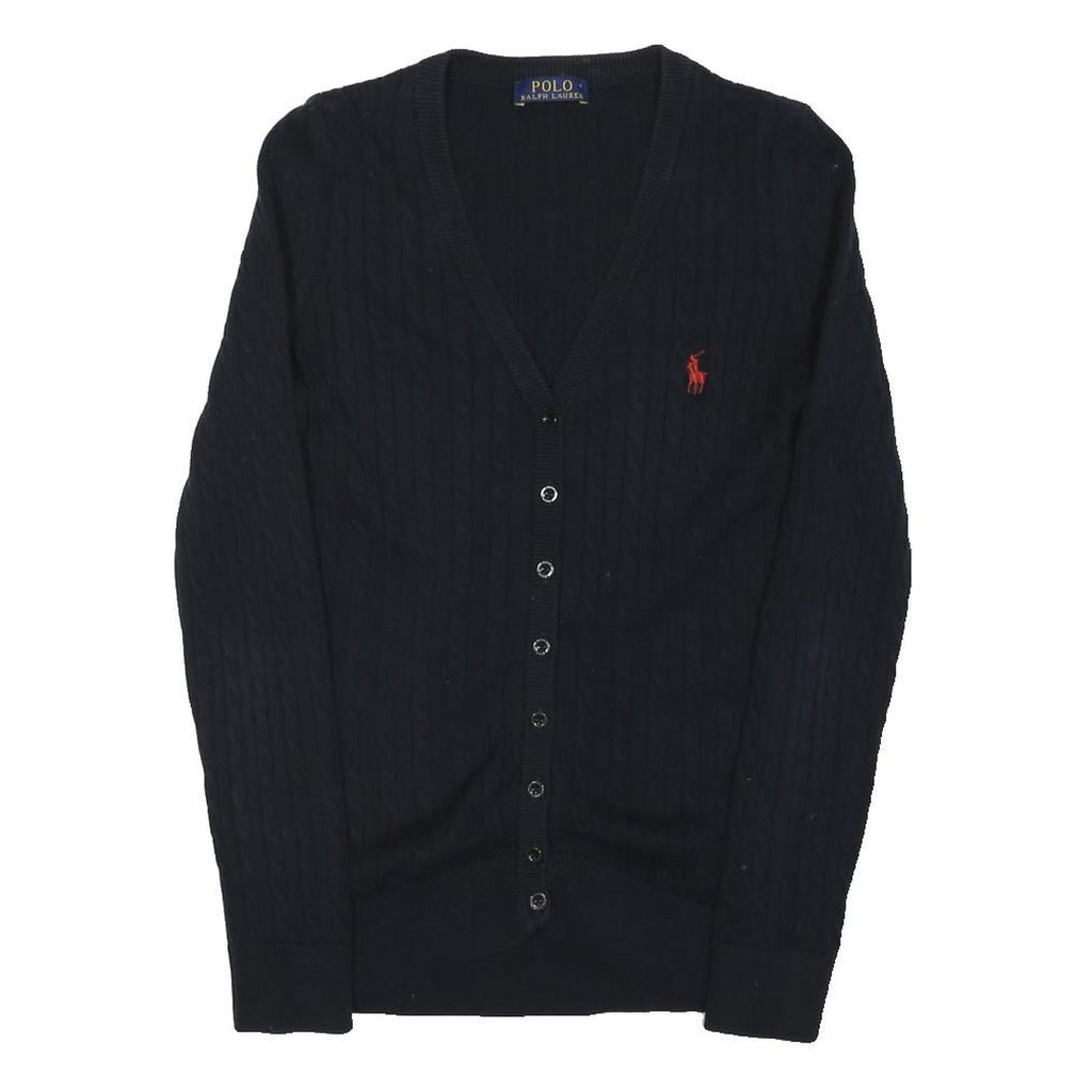 POLO RALPH LAUREN Womens Black Cable Knit Button Up Jumper M Classic Cotton