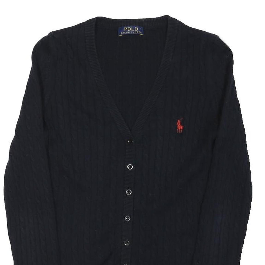 POLO RALPH LAUREN Womens Black Cable Knit Button Up Jumper M Classic Cotton