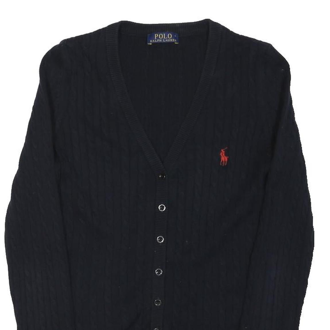 POLO RALPH LAUREN Womens Black Cable Knit Button Up Jumper M Classic Cotton