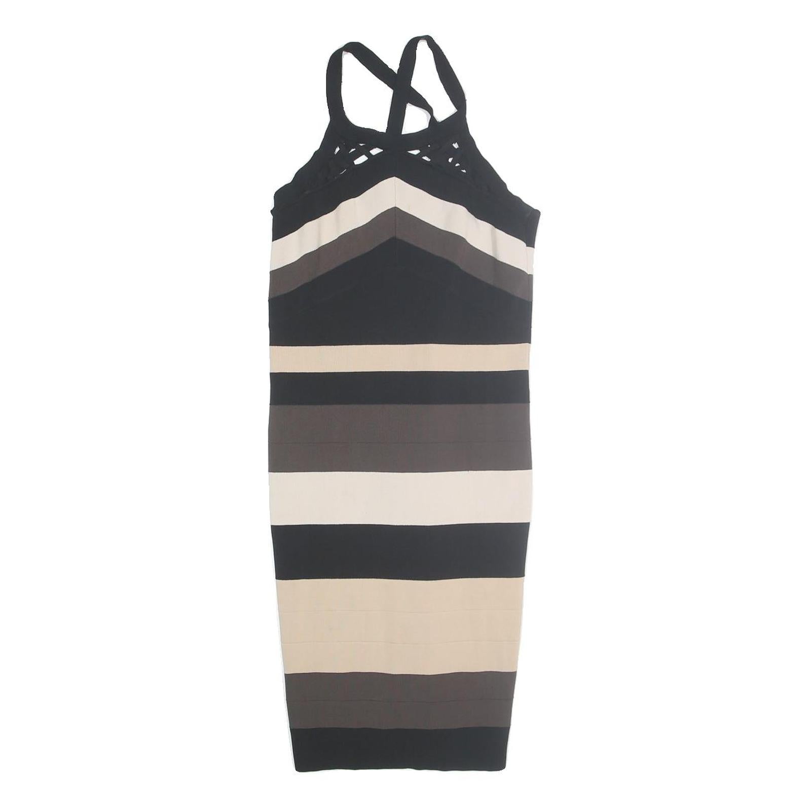KAREN MILLEN Womens Black & Beige Striped Bodycon Knit Sleeveless Midi Dress S
