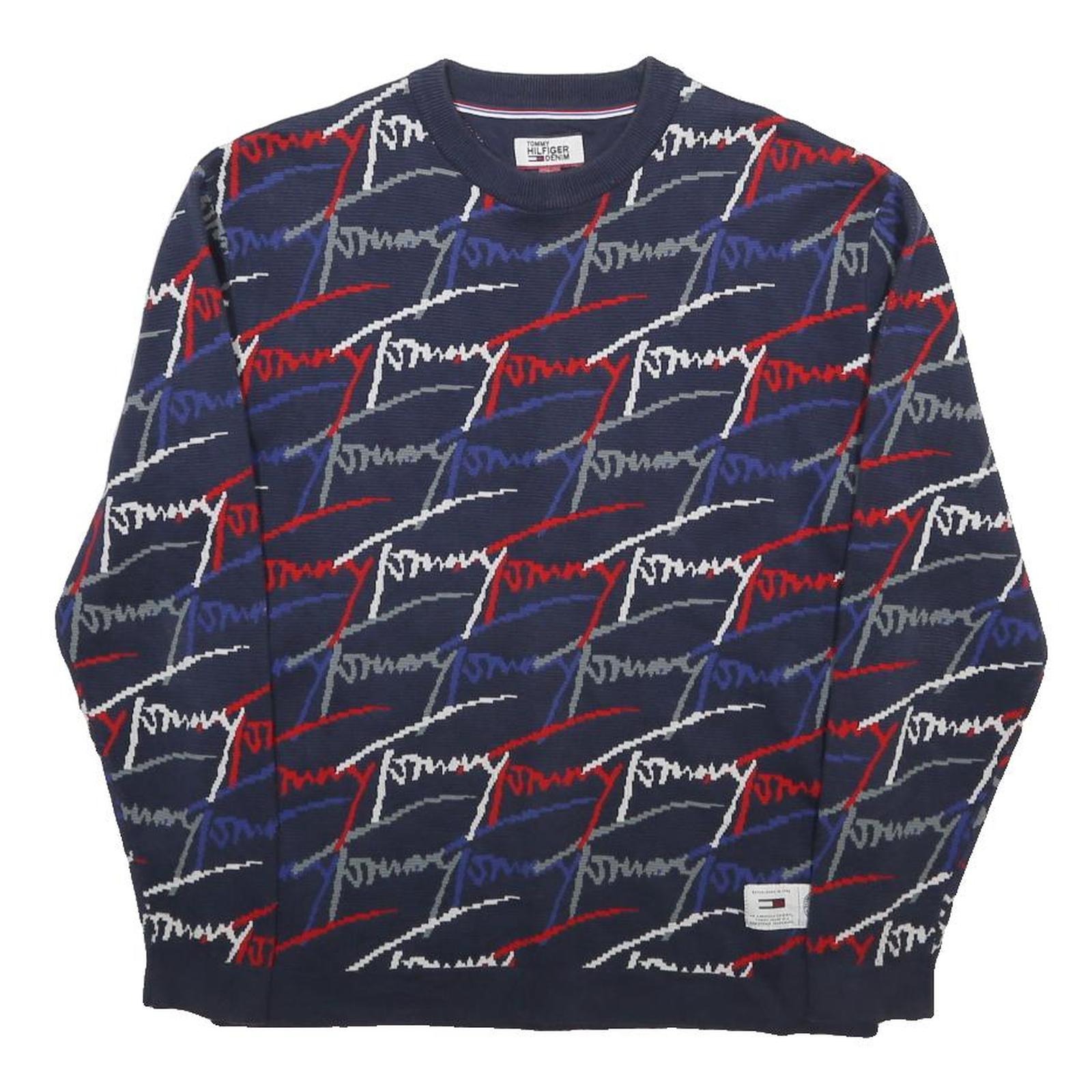 HILFIGER DENIM Mens Navy Blue Red White Patterned Jumper Crew Neck Basic Knit XS