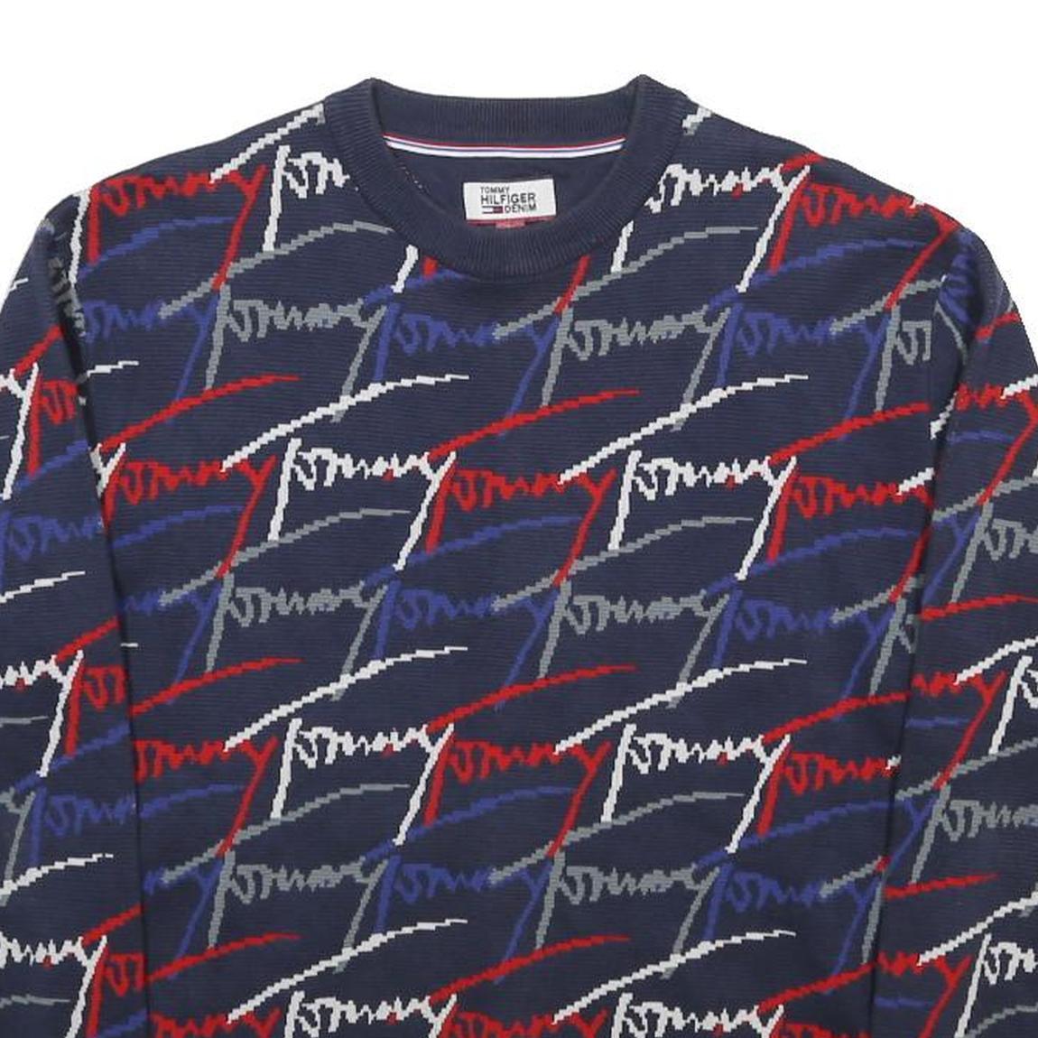 HILFIGER DENIM Mens Navy Blue Red White Patterned Jumper Crew Neck Basic Knit XS