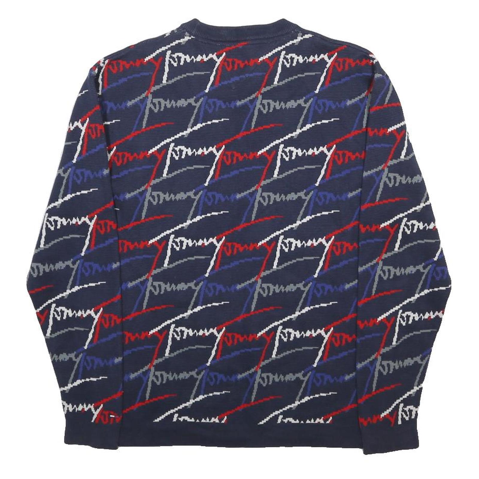 HILFIGER DENIM Mens Navy Blue Red White Patterned Jumper Crew Neck Basic Knit XS