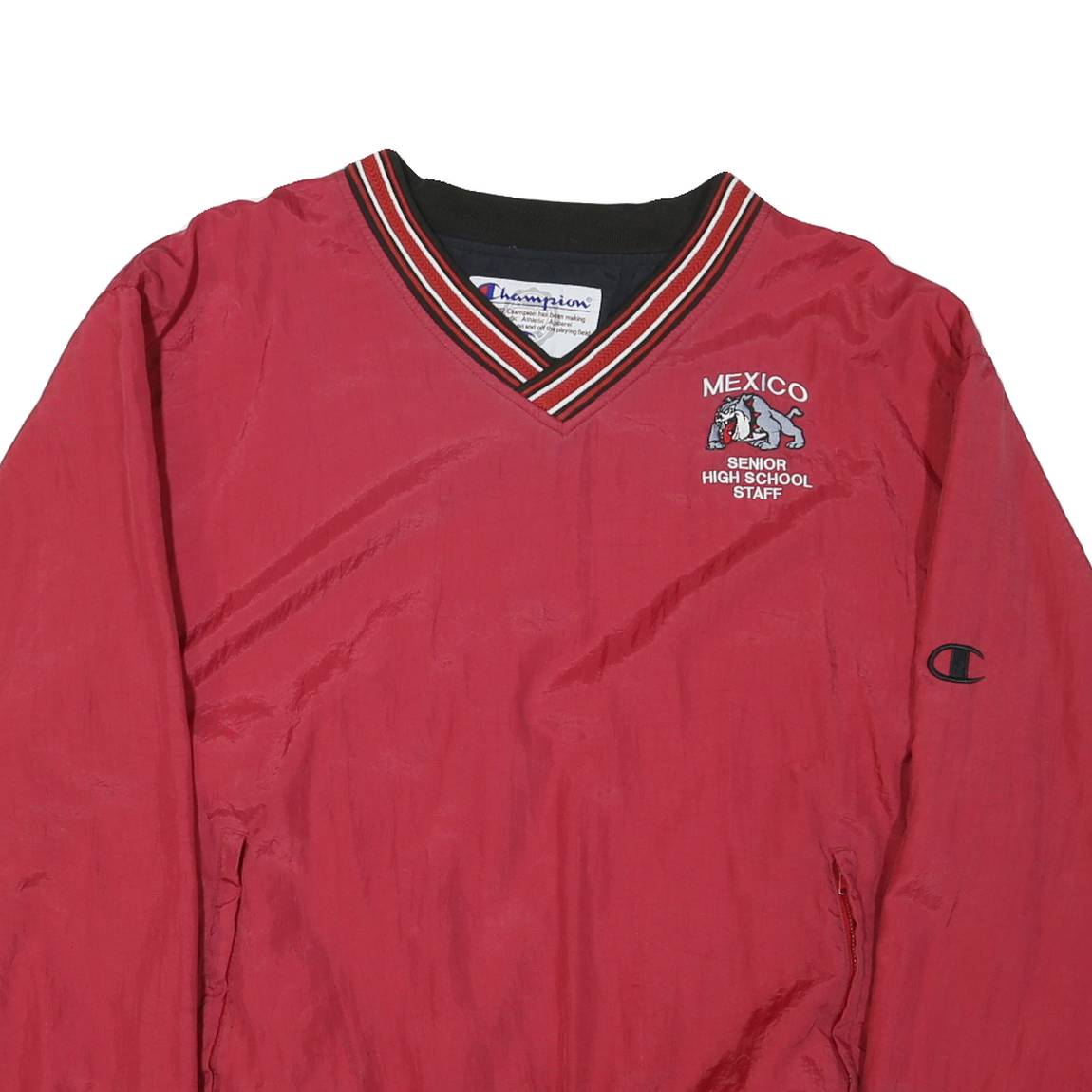 CHAMPION Mens Red Senior High School Staff V Neck L Nylon Sweatshirt Pullover