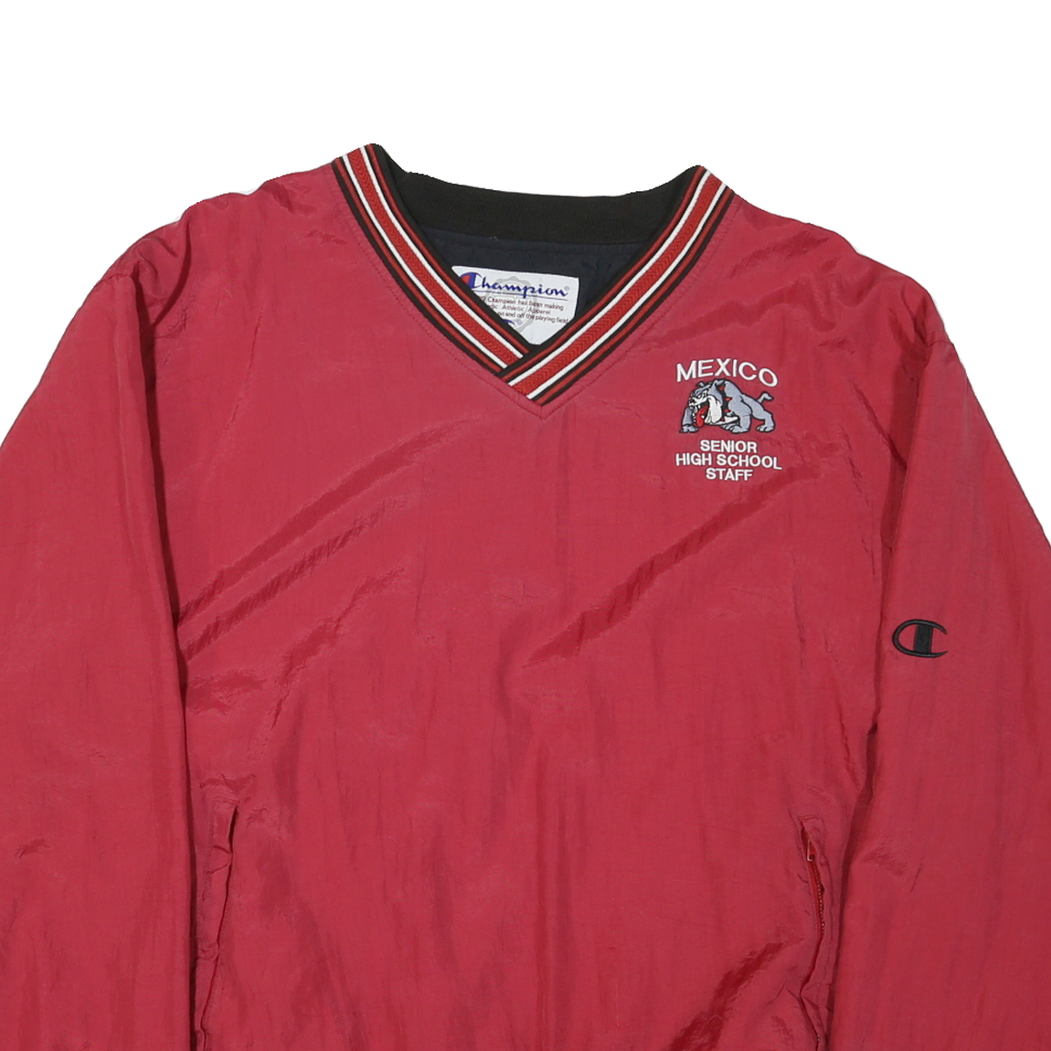 CHAMPION Mens Red Senior High School Staff V Neck L Nylon Sweatshirt Pullover