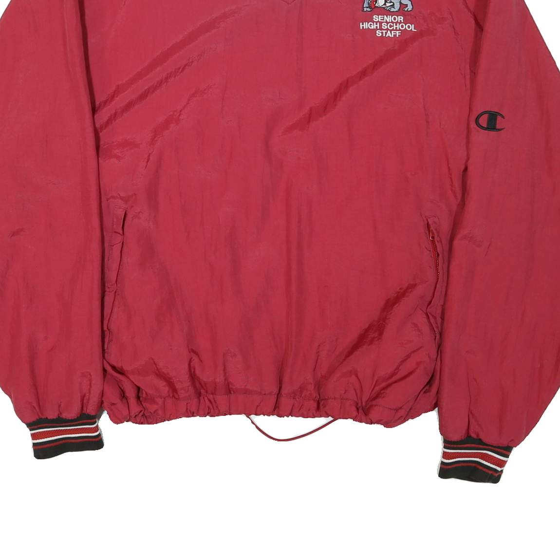 CHAMPION Mens Red Senior High School Staff V Neck L Nylon Sweatshirt Pullover