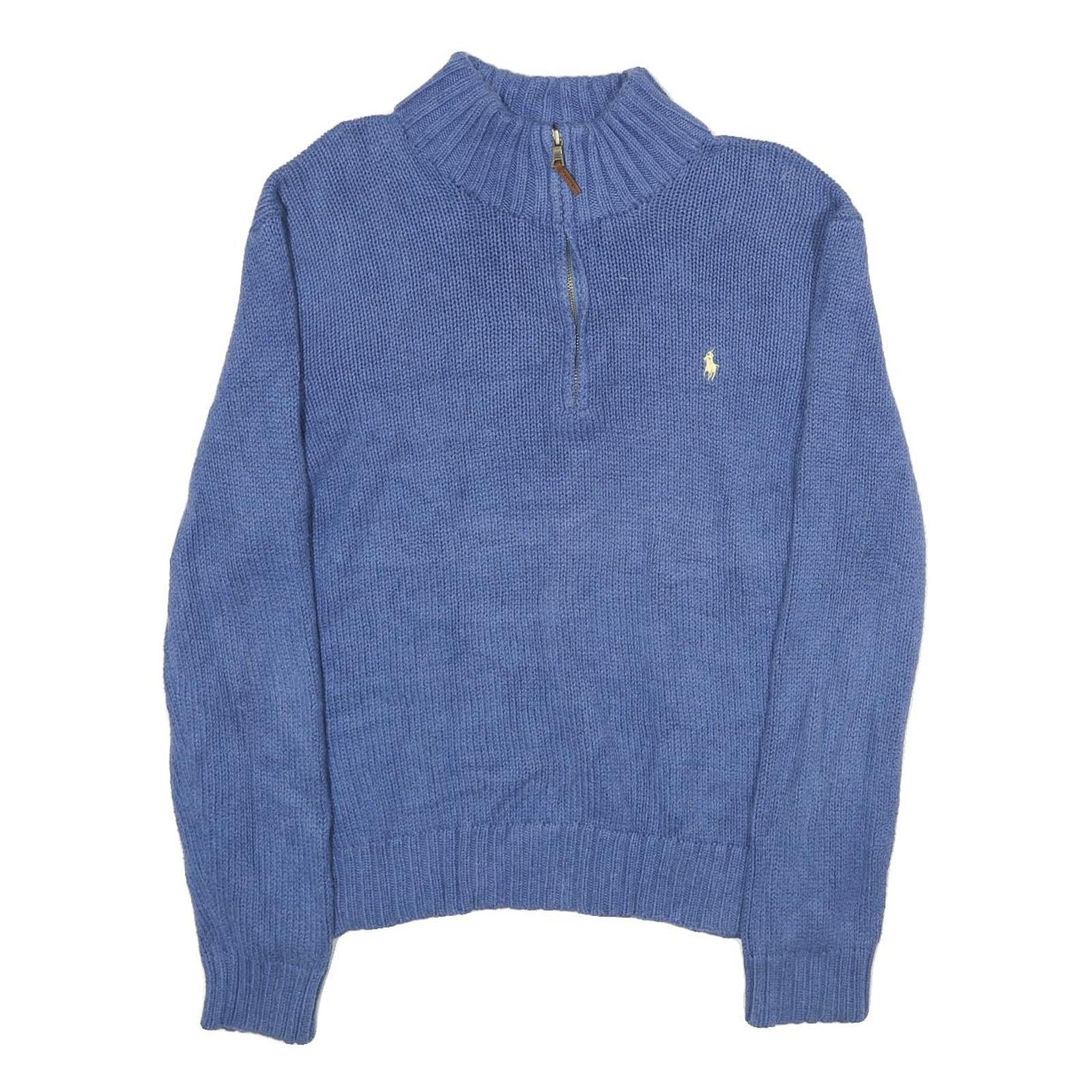 POLO RALPH LAUREN Mens Blue Jumper Plain 1/4 Zip Basic Knit L Cotton Casual