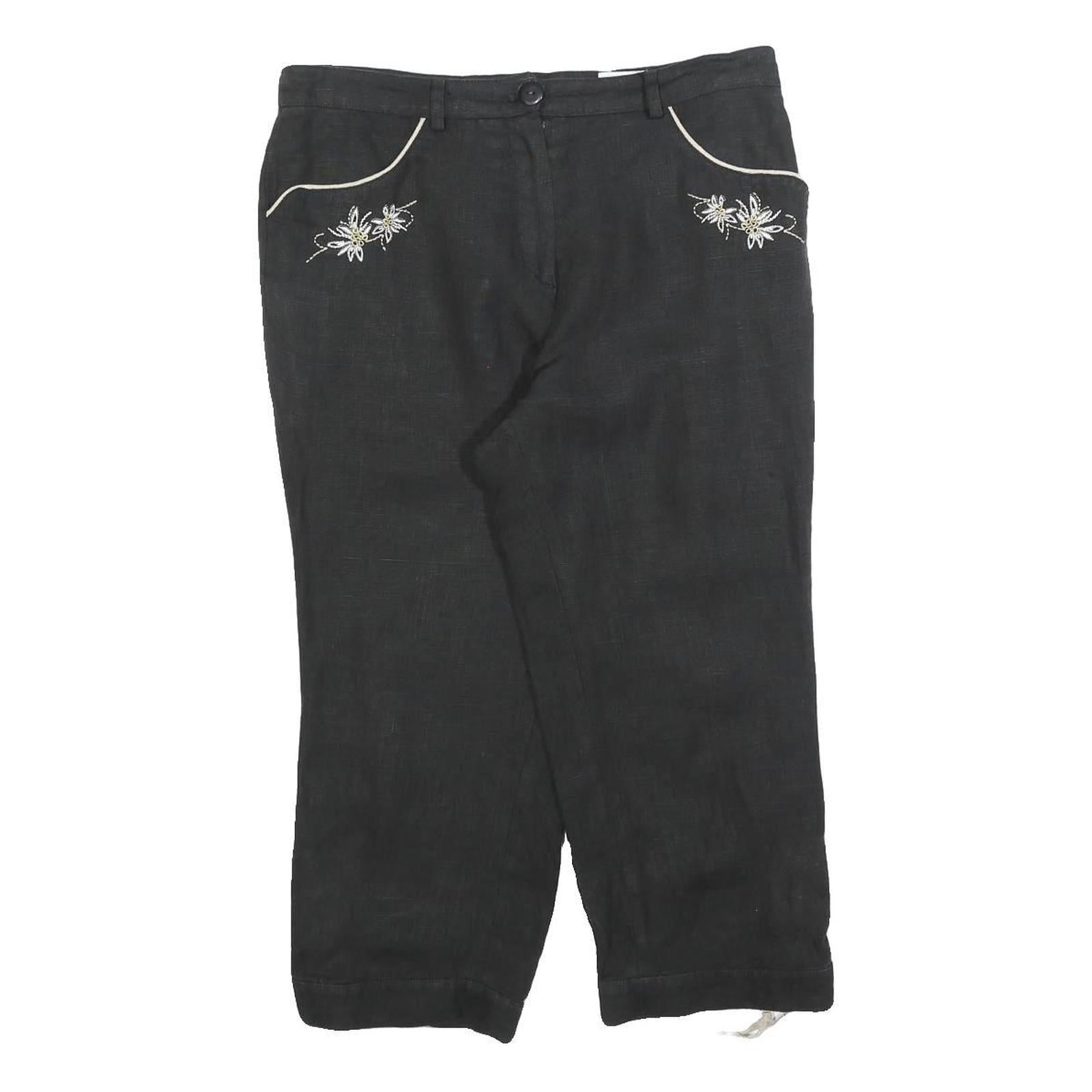 COUNTRY LINE Womens Linen Black Relaxed Cropped Trousers W32 L22 Embroidered