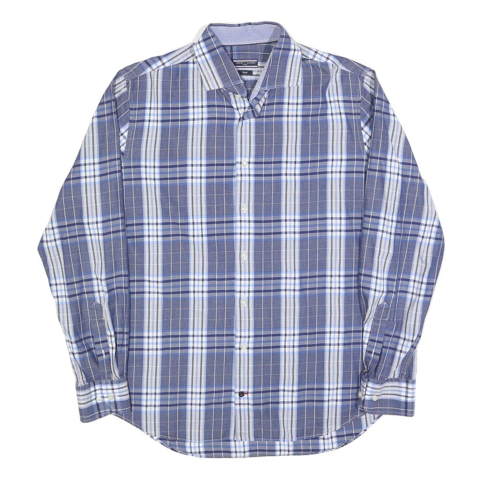 TOMMY HILFIGER Mens Blue & Grey Check Shirt L Cotton Blend Casual Smart
