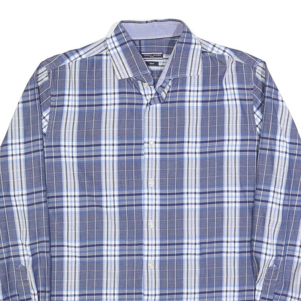 TOMMY HILFIGER Mens Blue & Grey Check Shirt L Cotton Blend Casual Smart