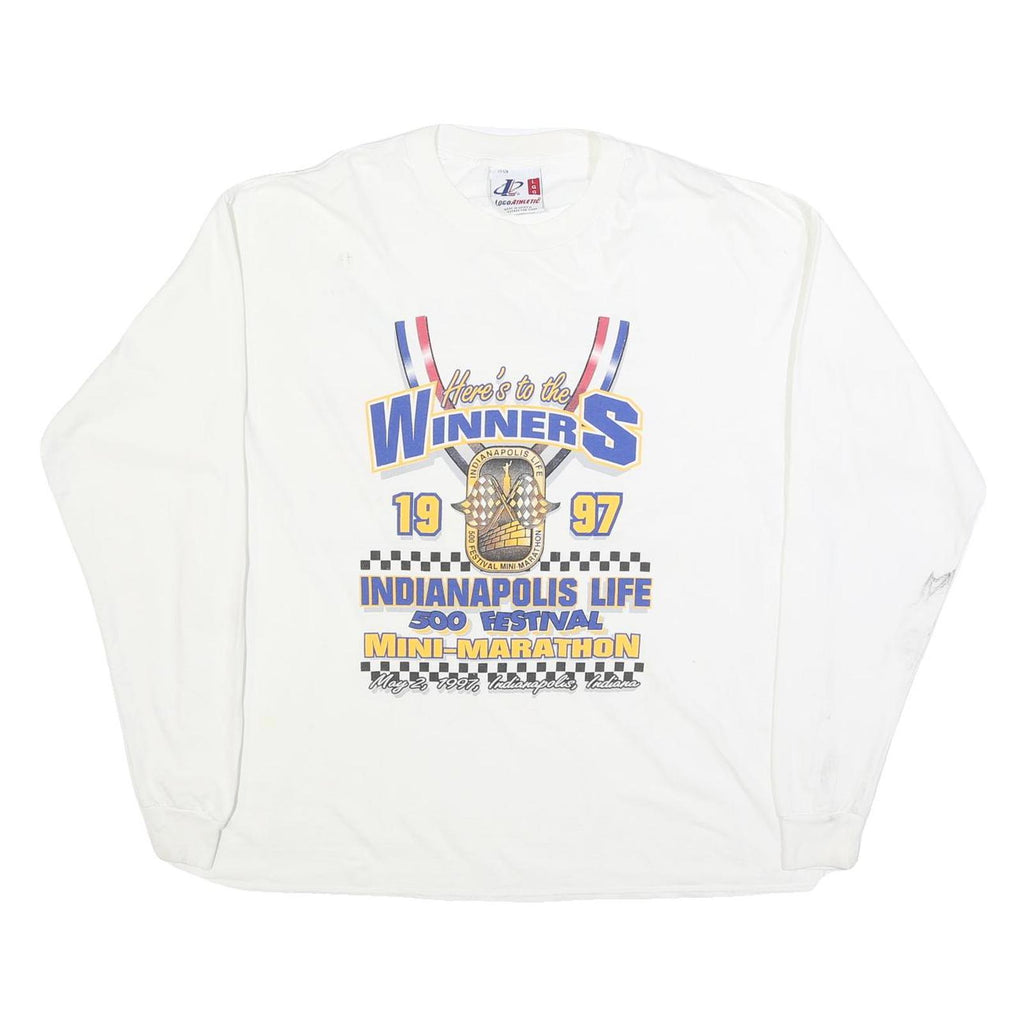 LOCO ATHLETIC Mens White Winners Graphic T-Shirt L Long Sleeve Crew Neck
