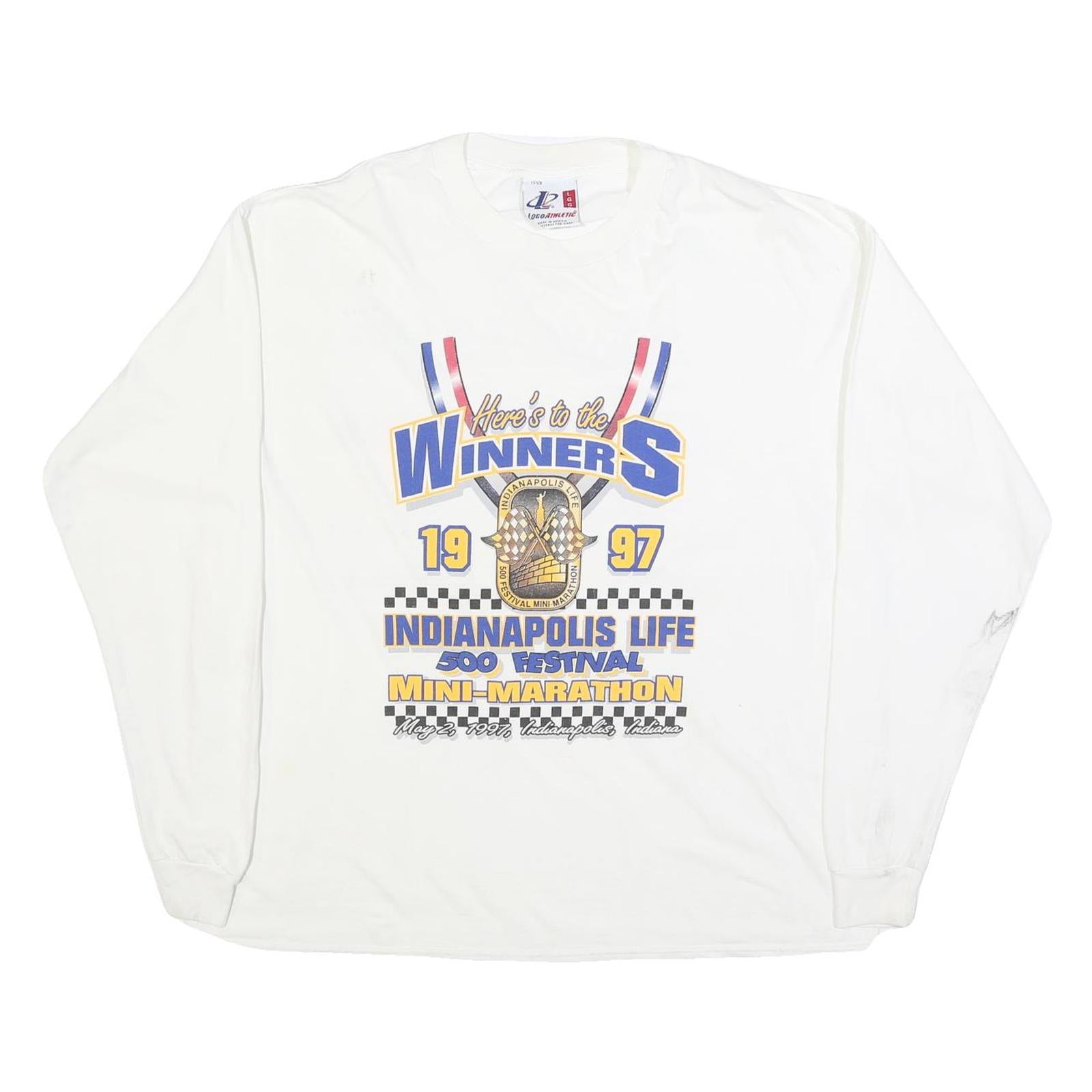 LOCO ATHLETIC Mens White Winners Graphic T-Shirt L Long Sleeve Crew Neck