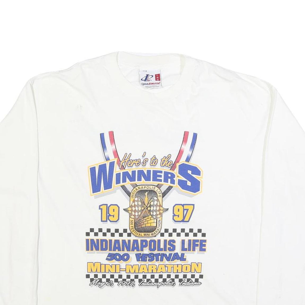 LOCO ATHLETIC Mens White Winners Graphic T-Shirt L Long Sleeve Crew Neck
