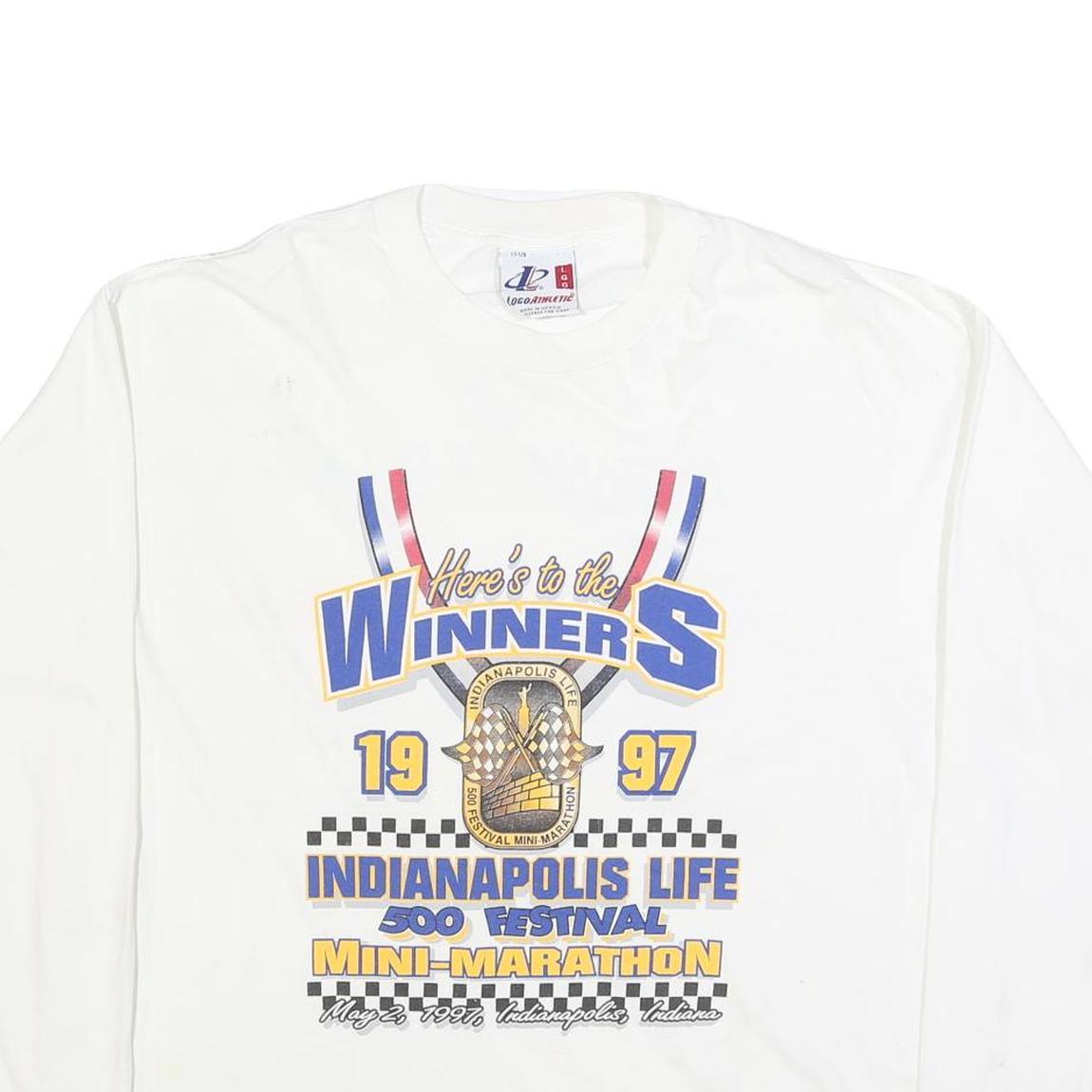 LOCO ATHLETIC Mens White Winners Graphic T-Shirt L Long Sleeve Crew Neck