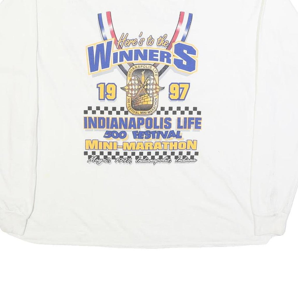LOCO ATHLETIC Mens White Winners Graphic T-Shirt L Long Sleeve Crew Neck