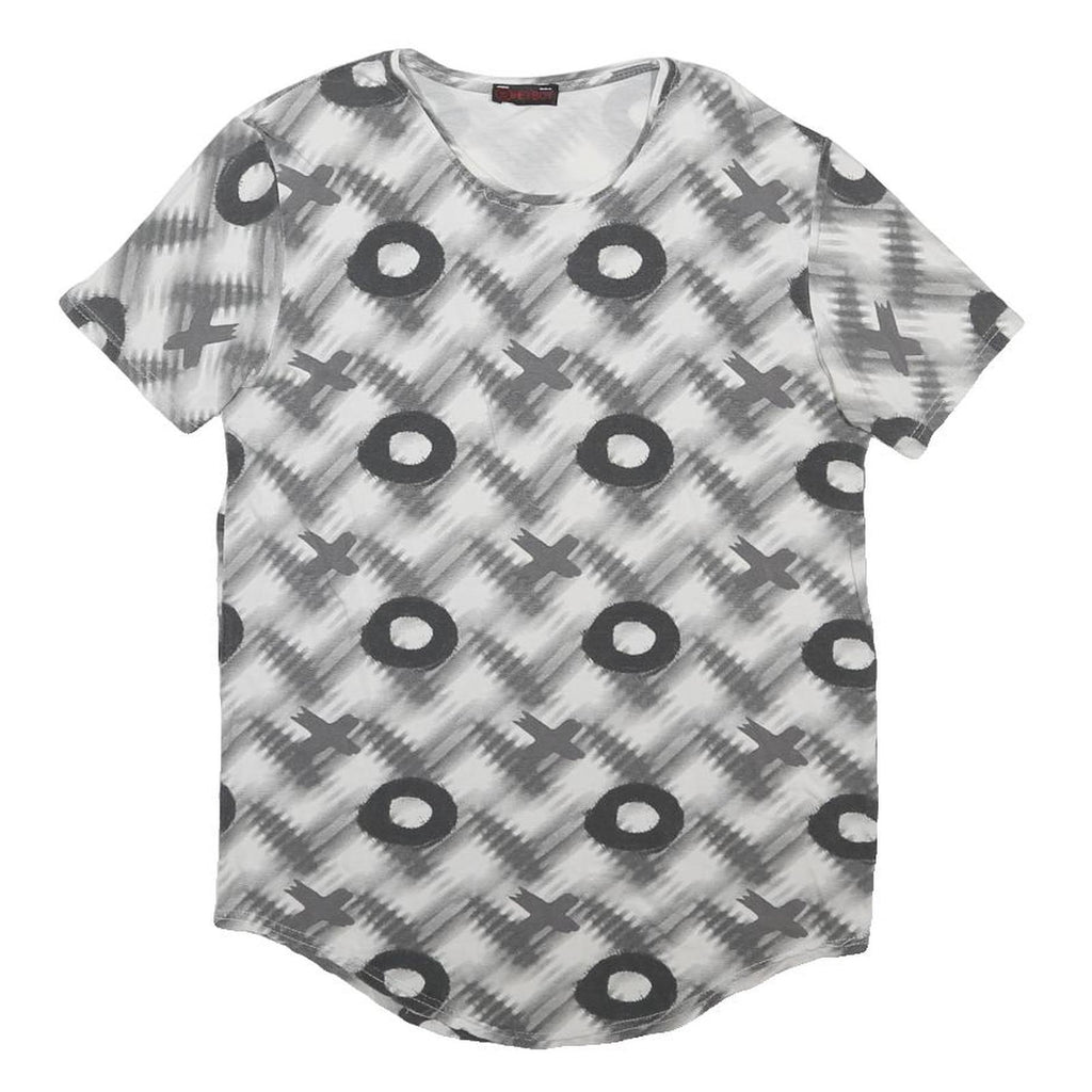 HEY BOY Womens Grey Graphic T-Shirt L Short Sleeve Crew Neck Plaid Cotton Blend
